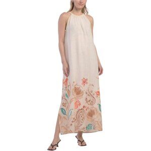 ROSEMARINE Made In Italy Linen Blend Halter Neck Maxi Dress With Lurex Trim